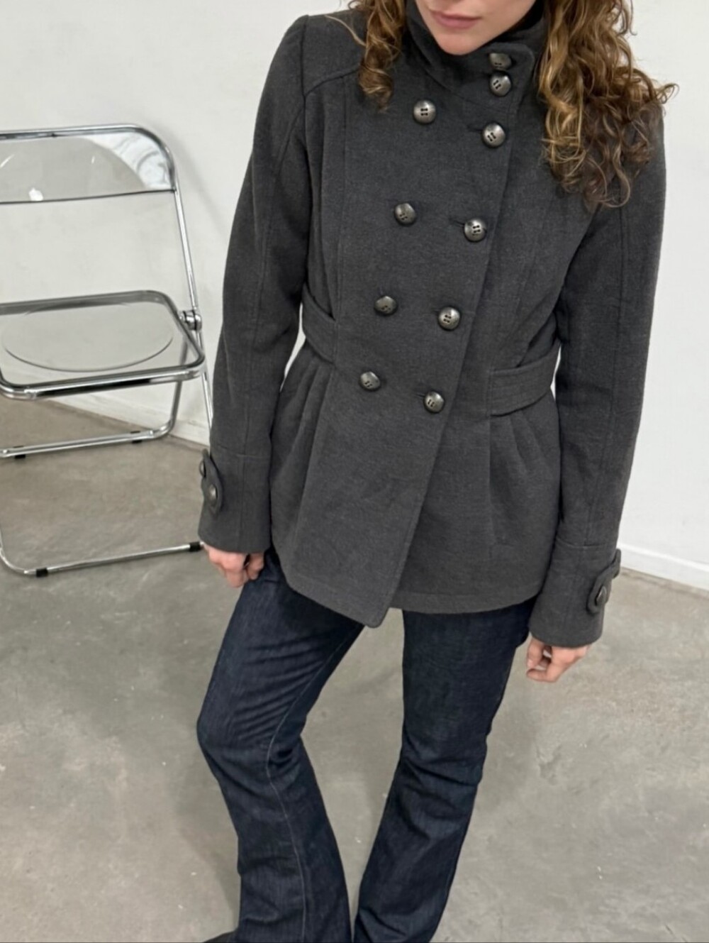Grey Double Breasted Peacoat XS Military Coat Office Quiet Luxury Jacket New